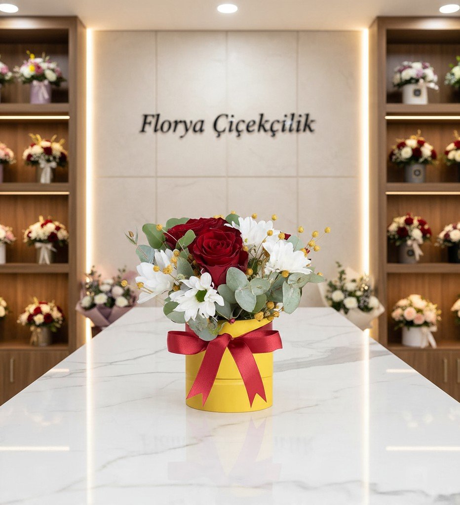 Sarı Kutuda Kırmızı Gül & Beyaz Papatya Aranjmanı