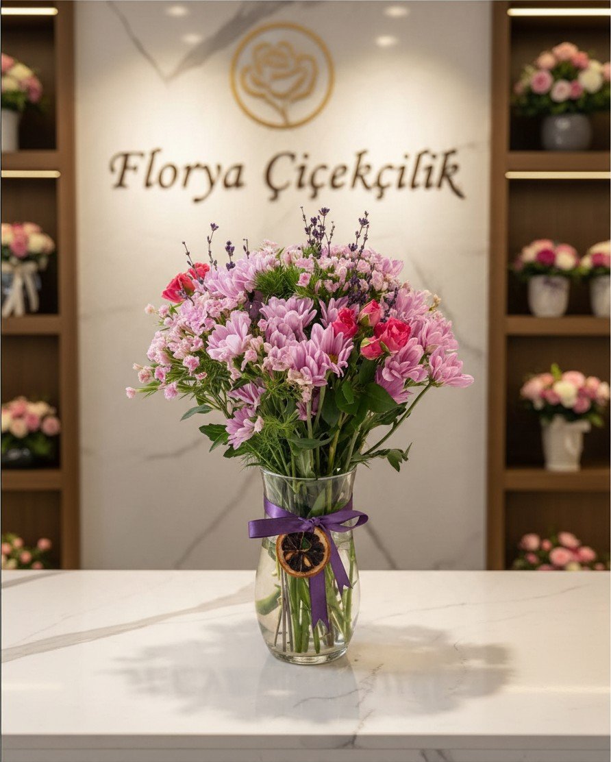 Mor Ahenk Cam Vazoda Kır Çiçekleri & Mini Gül Aranjmanı