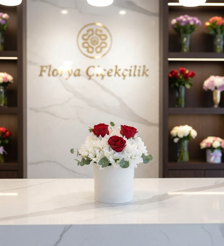 Zarafet Simgesi Kutuda Kırmızı Gül ve Beyaz Krizantem Aranjmanı