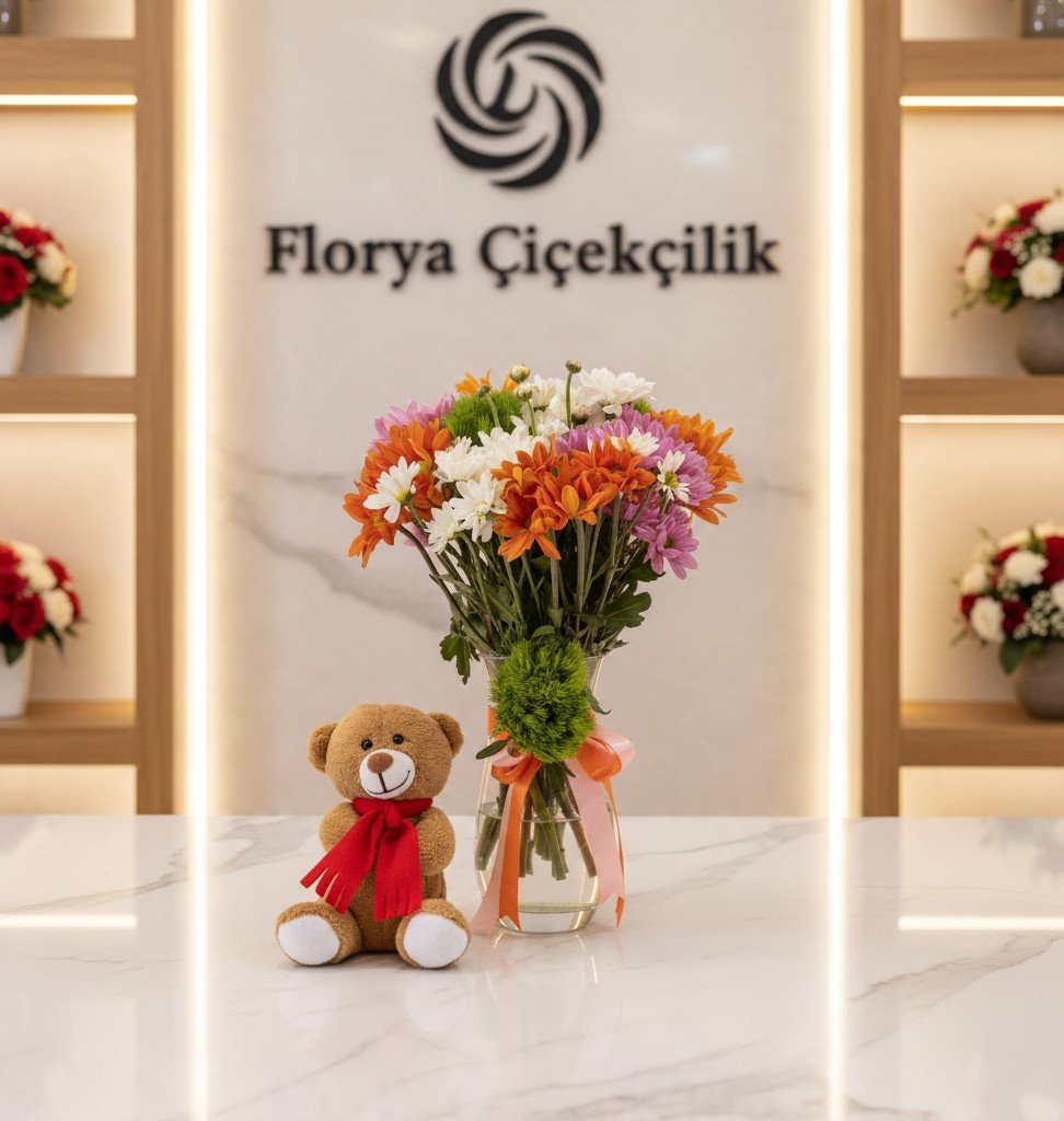 Renkli Papatya Bahçesi ve Sevimli Peluş Ayıcık Seti