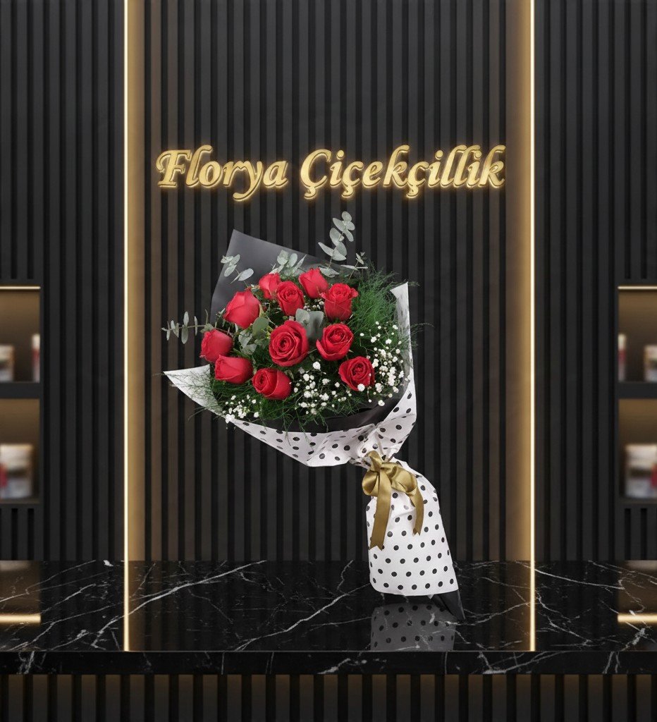 Puantiyeli Zarafet 11 Kırmızı Gül Buketi